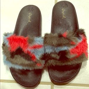 Faux fur slip on shoes, size 8